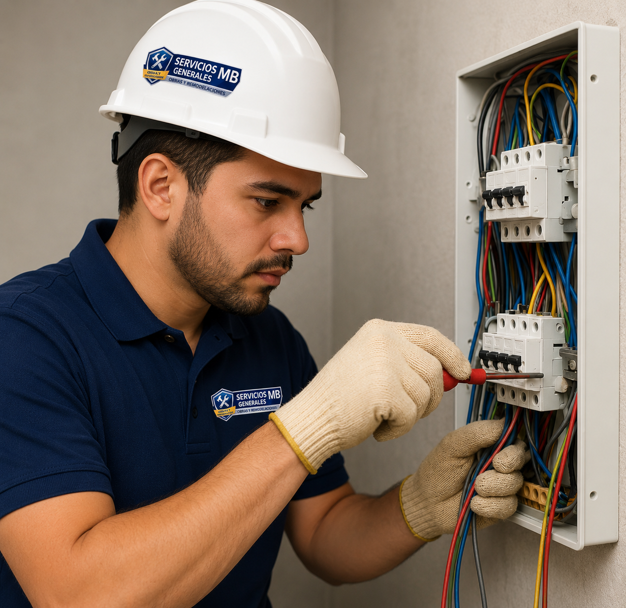Electricista profesional trabajando en tablero eléctrico en Cajamarca
