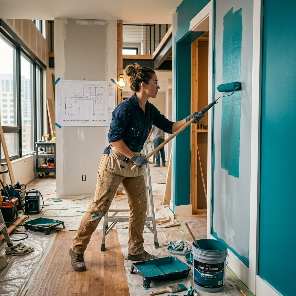 Pintor profesional pintando interiores de casa en Cajamarca